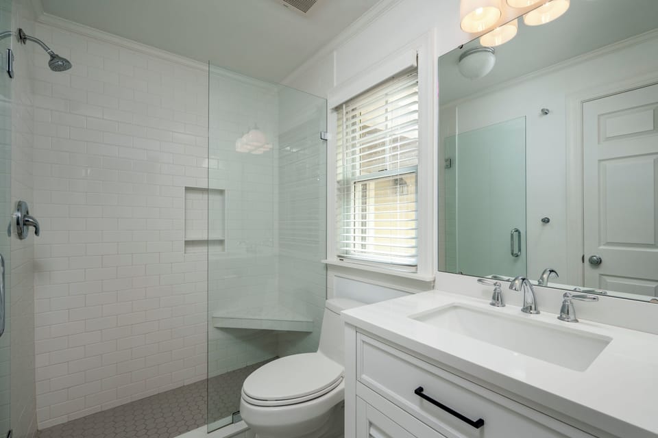 Newly-remodeled master en suite bathroom.