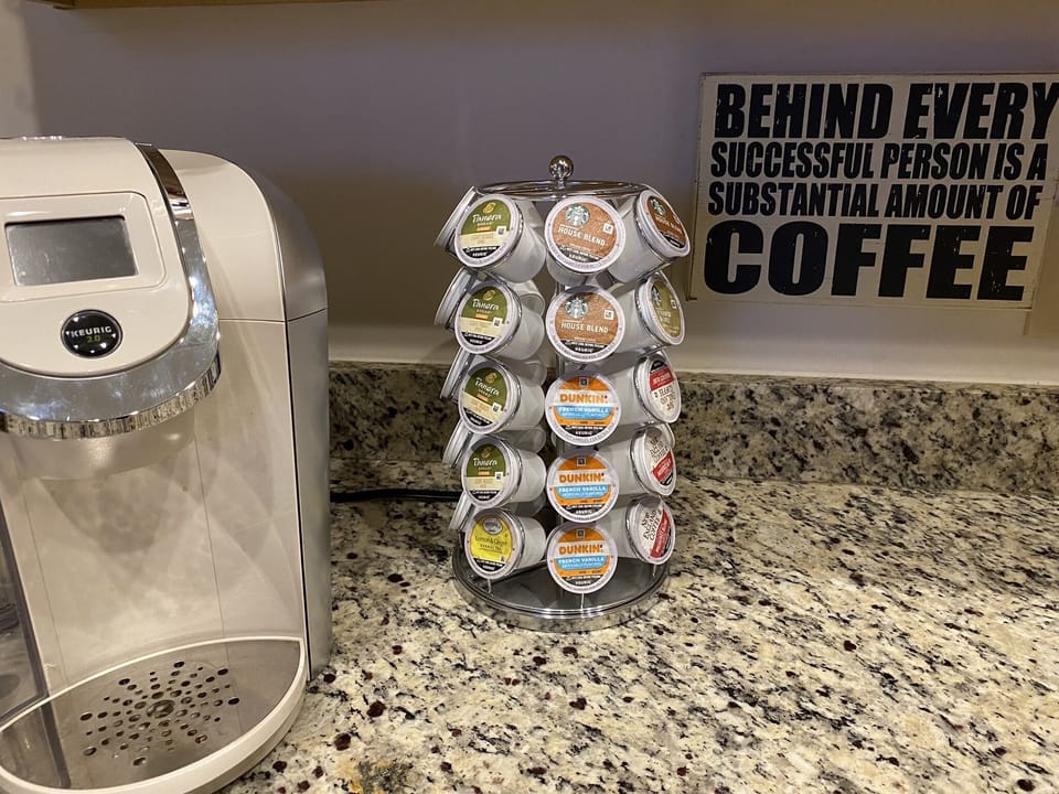 Coffees to get you started! Coffeemate in the cabinet (vanilla and hazlenut).
