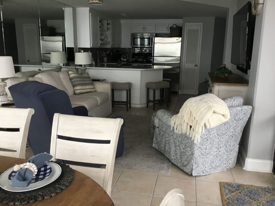 Open-concept kitchen, family, and dining room. 