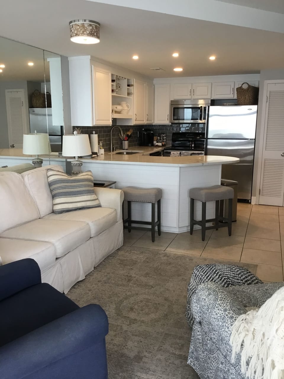 Open-concept kitchen, family and dining area. 
