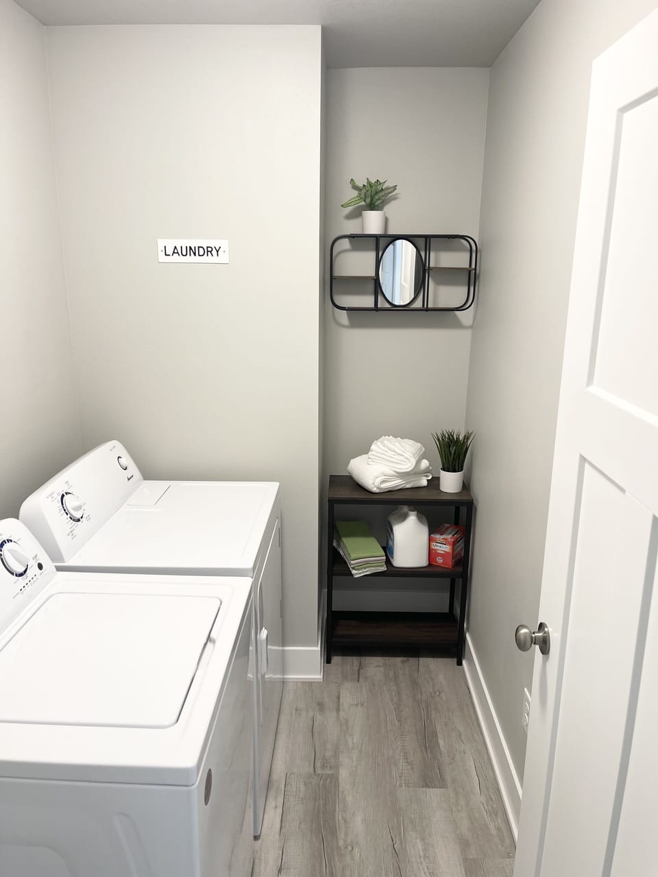 Laundry area with washer and dryer, along with soap and dryer sheets