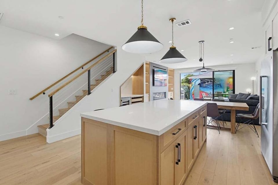 Newly redesigned kitchen with huge isalnd bar