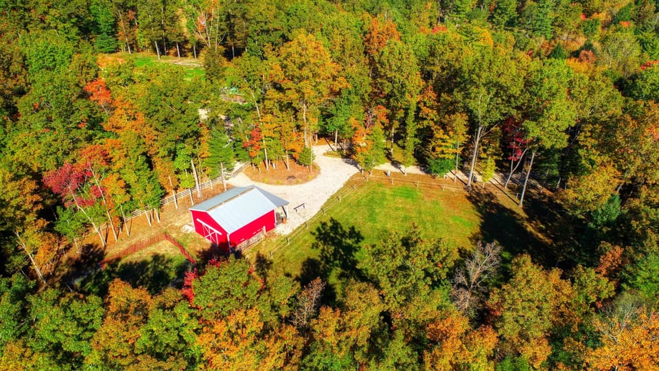 Aerial View of Barn, Pasture, and Large Circle Drive