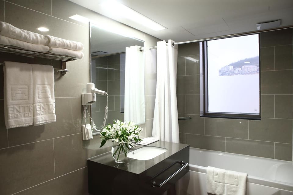 Combined shower/tub, deep soaking tub, designer toiletries, hair dryer
