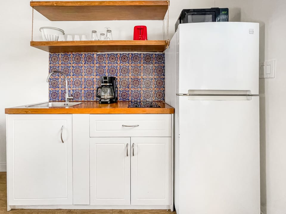 Deluxe Studio Suite | Private kitchen | Full-size fridge, microwave, stovetop, coffee/tea maker