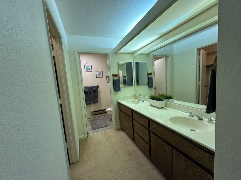 Upstairs master bathroom with double sinks, walk-in closet, and walk in shower.