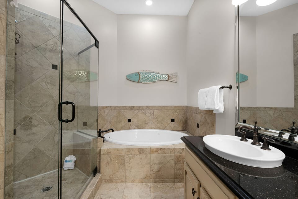 Beautifully tiled with double sinks