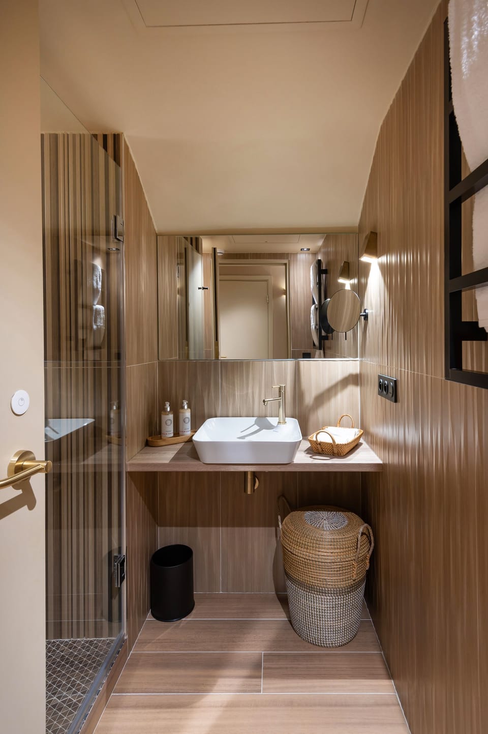 Shower, rainfall showerhead, hair dryer, bathrobes