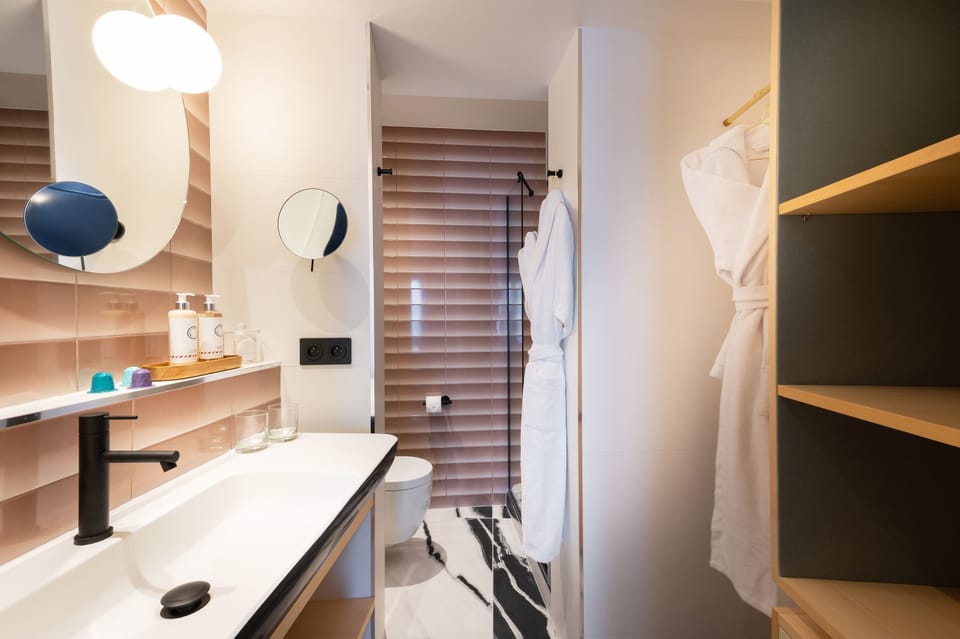 Shower, rainfall showerhead, hair dryer, bathrobes
