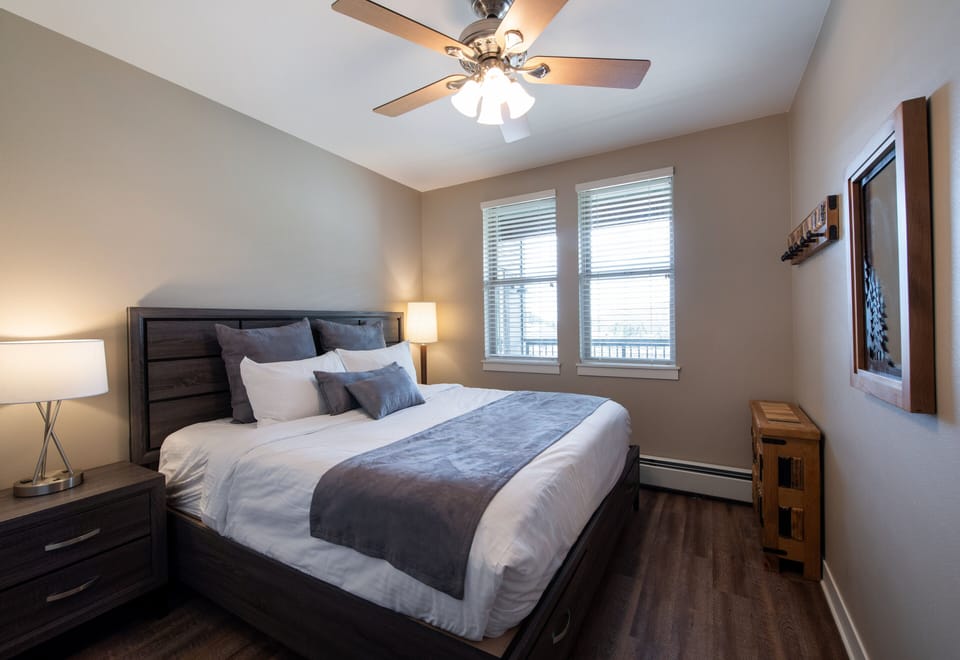 Ceiling Fan, Bed, Furniture, Hardwood, Indoors