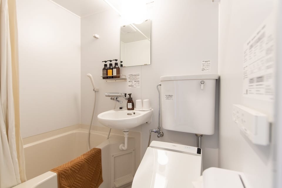 Combined shower/tub, free toiletries, hair dryer, slippers