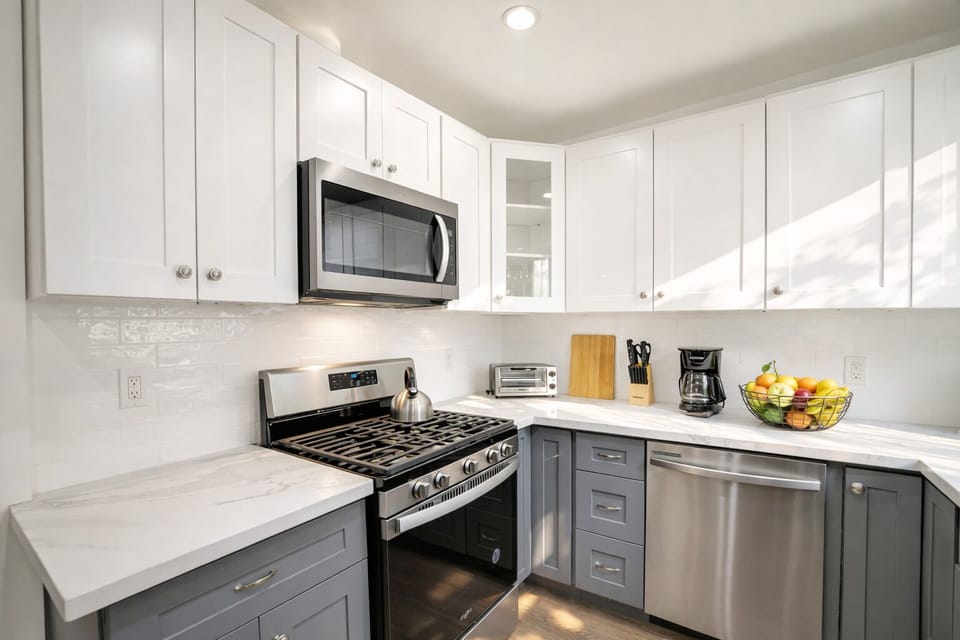 Fully equipped kitchen with modern appliances, cookware, and everything needed for short or long-term stays.