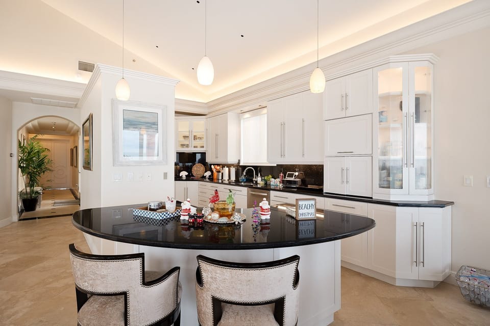 Kitchen with bar seating.