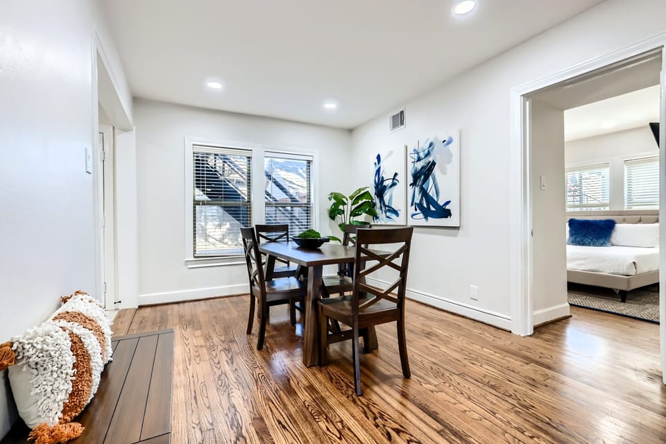 Dining room, entrance to North Bedroom on the Right, kitchen on the Left. 
