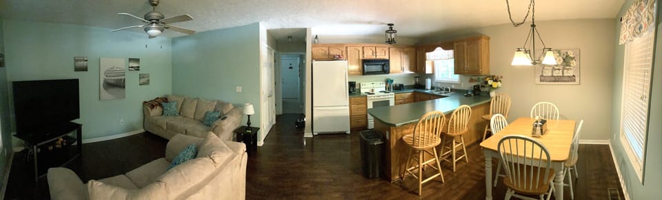 Pano shot of the living room and kitchen