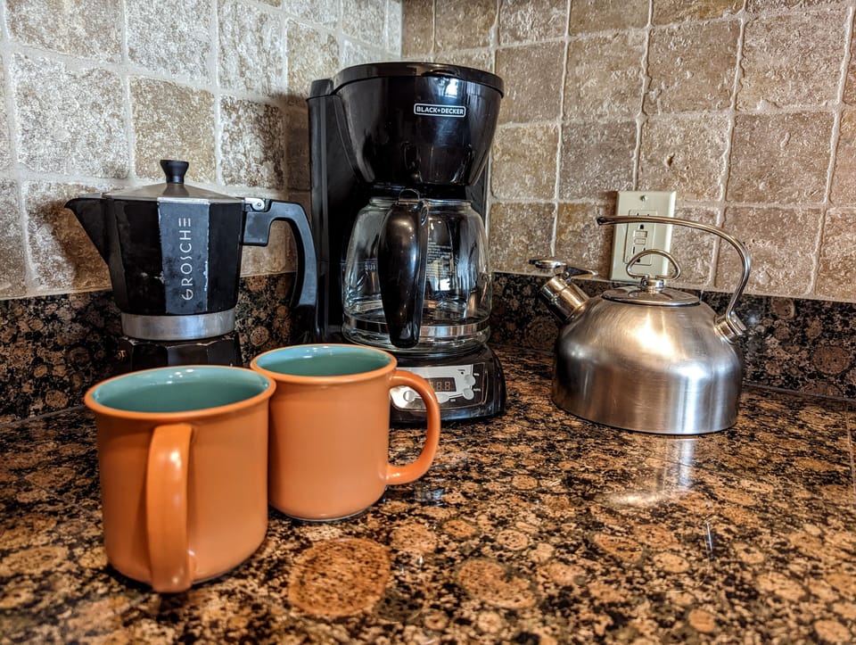 Coffee and Tea Station.  Drip Coffee, Tea Kettle and Italian Espresso Maker