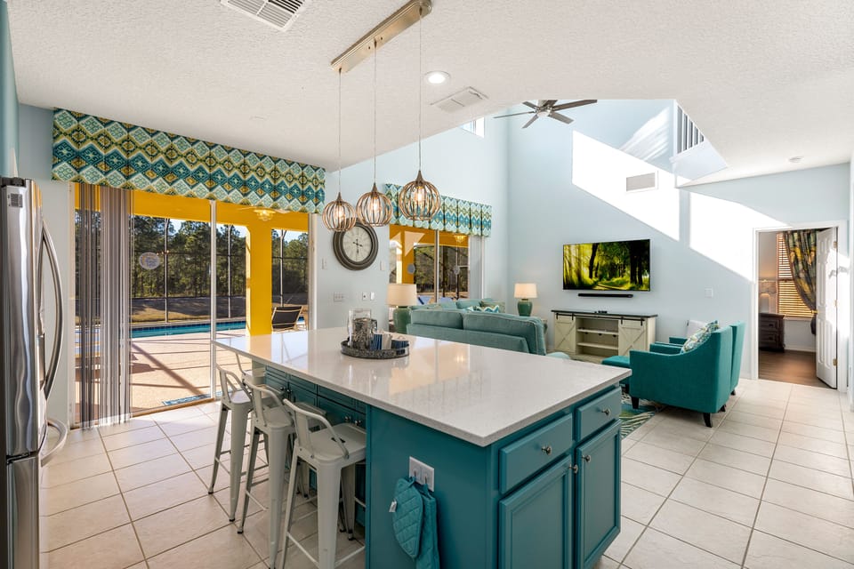 Cooks can enjoy watching TV or gazing at the view