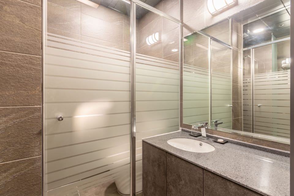 Separate tub and shower, hair dryer, bathrobes, slippers