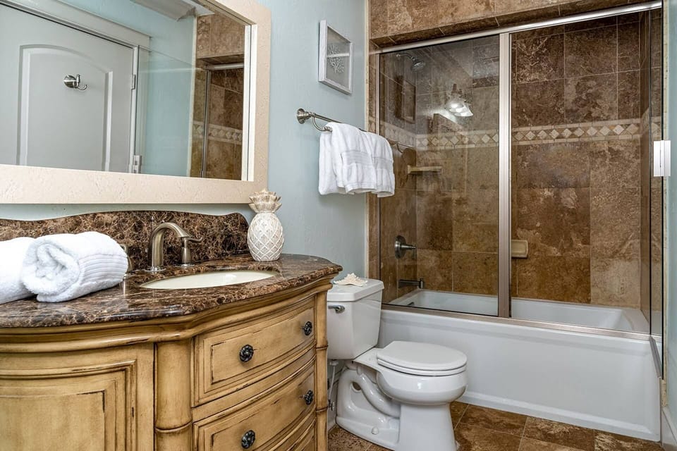 Shared Bathroom for Guest Bedroom & Bunk Room ~ Single Vanity with Shower & Tub Combo and Commode