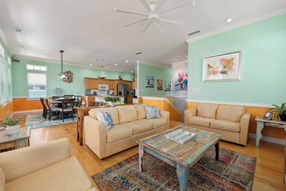 Living room, dining room and kitchen located on second floor of the house