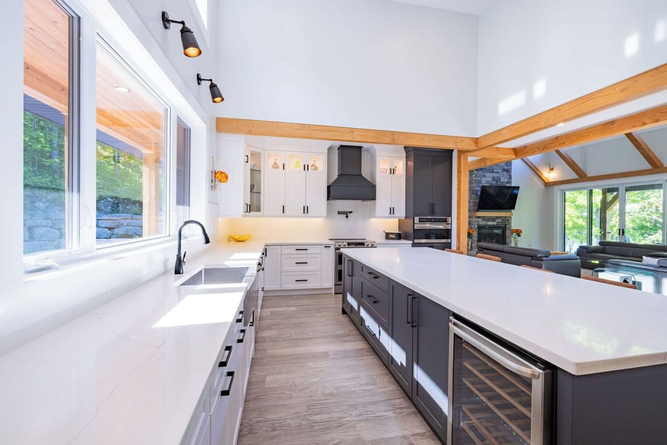 Kitchen with 10 foot quartz island and 16 feet high ceilings 