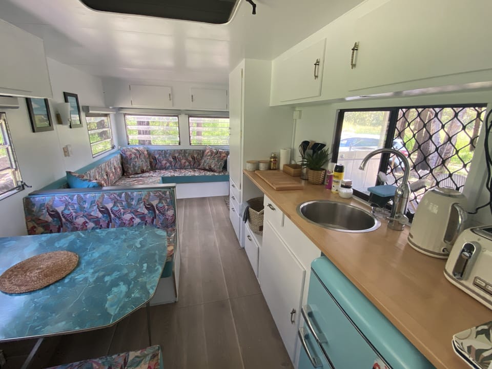 The 23 ft fully renovated retro caravan is roomy and comfortable.