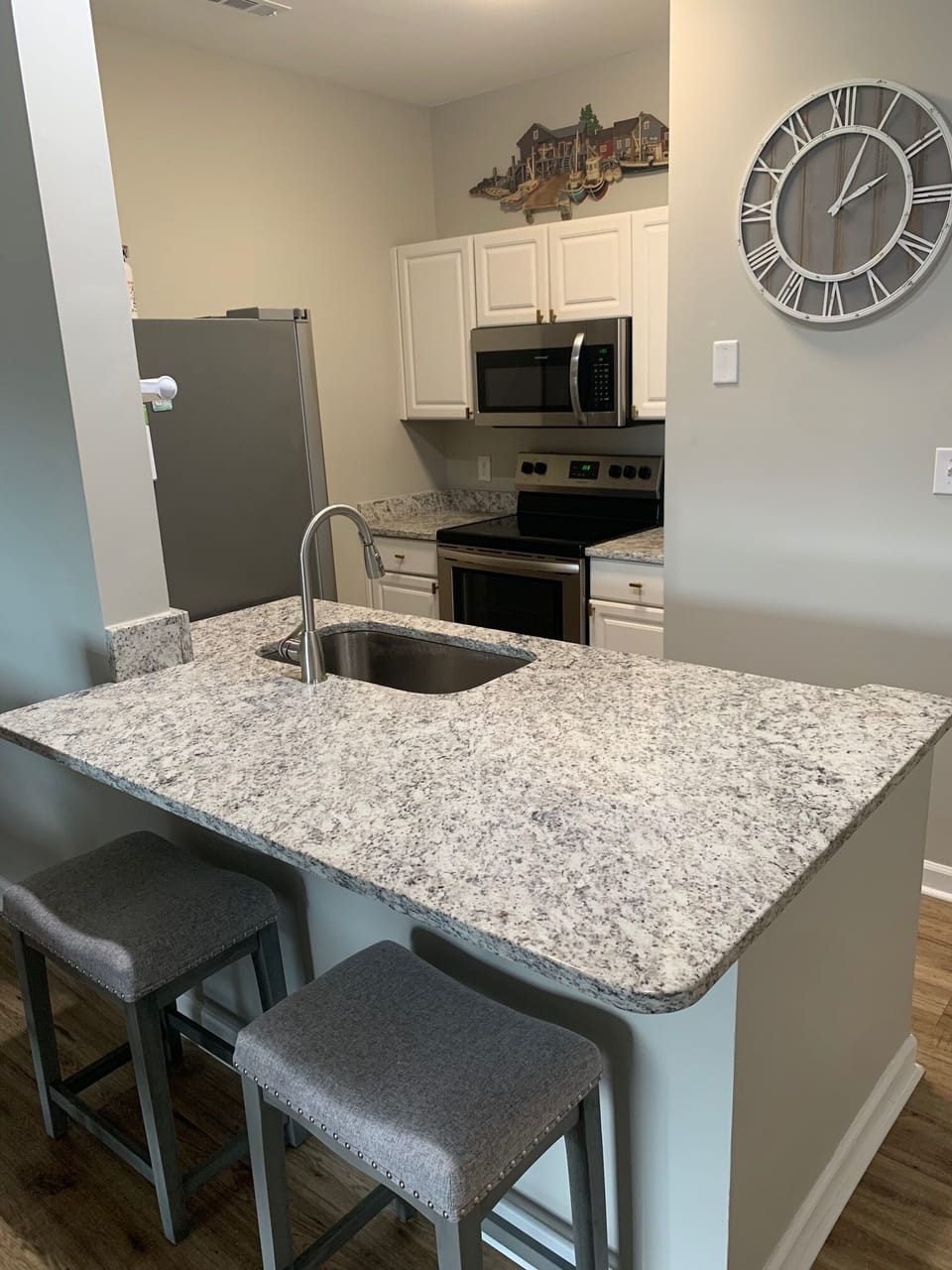 Full kitchen with stove, oven, microwave, ref., pots, pans, dishes & utensils