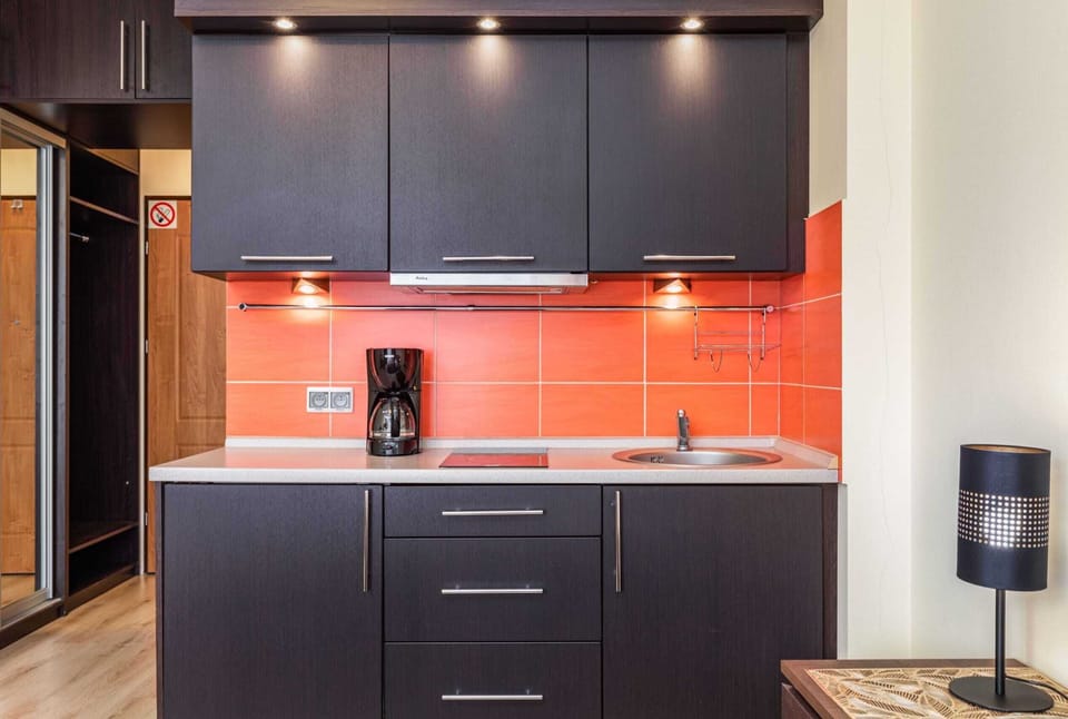 Kitchenette with plenty of kitchen utensils and dishes. 