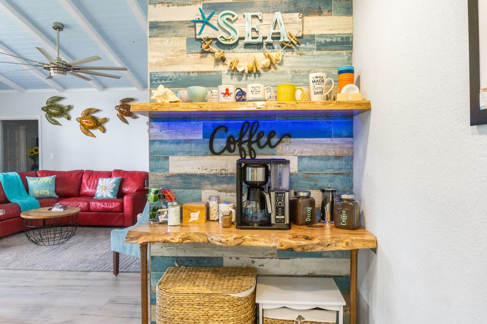 A fully stocked coffee bar awaits with coffee, decaf, tea, hot cocoa & fixings