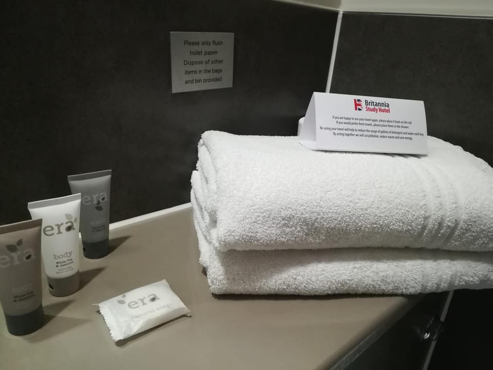 Shower, free toiletries, hair dryer, towels