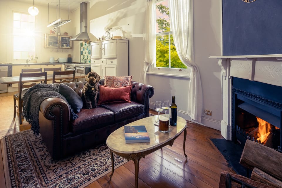 Main living area with open fireplace