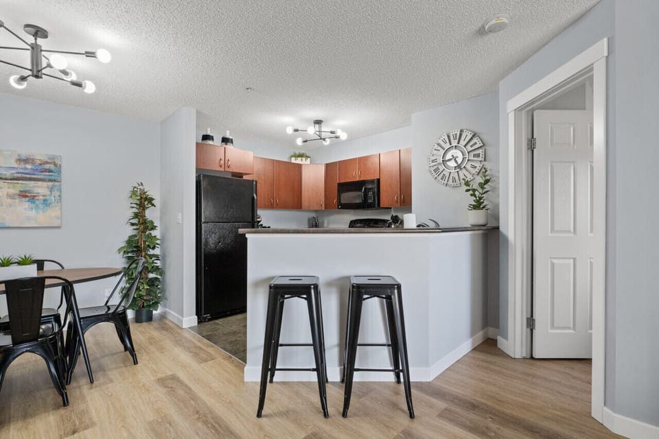 Full kitchen with a drip coffee machine, ground coffee, tea, sugar and basic condiments (ketchup, mustard and relish.)