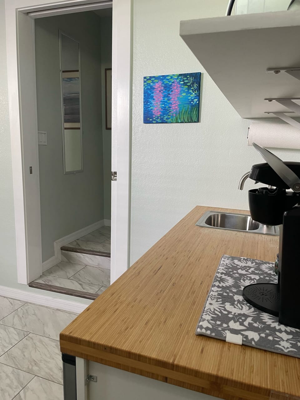 Bamboo butcher block countertop in kitchen and full length mirror in bathroom.