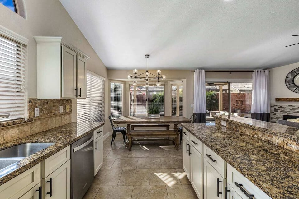Fully stocked kitchen with seating for up to 12 people.