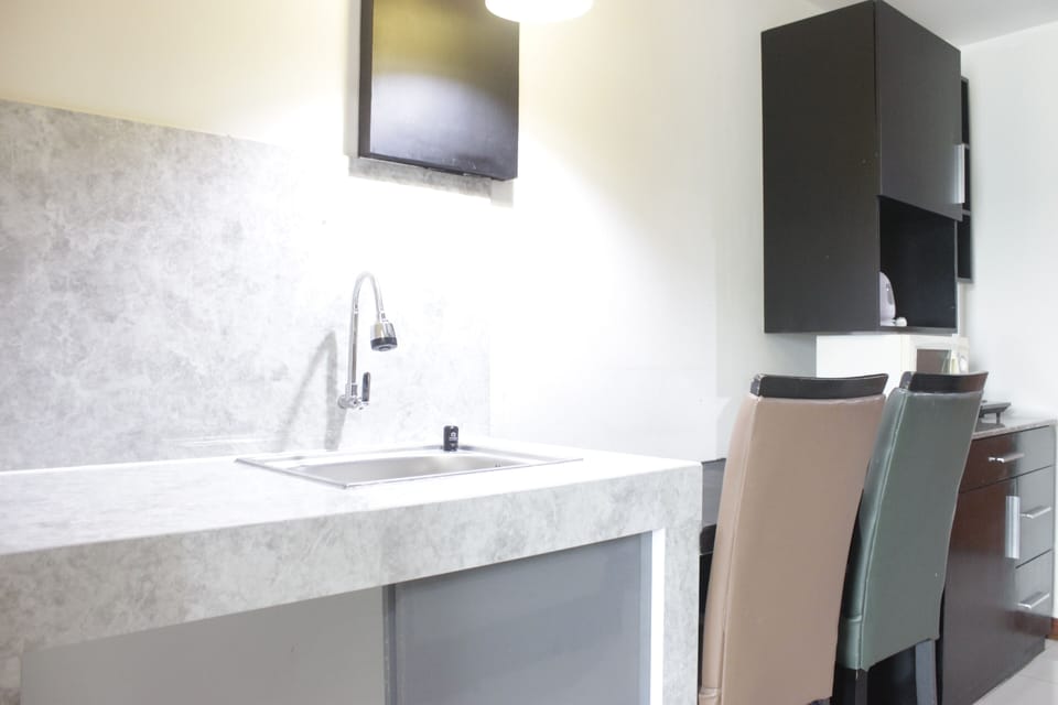 Fridge, microwave, stovetop, electric kettle