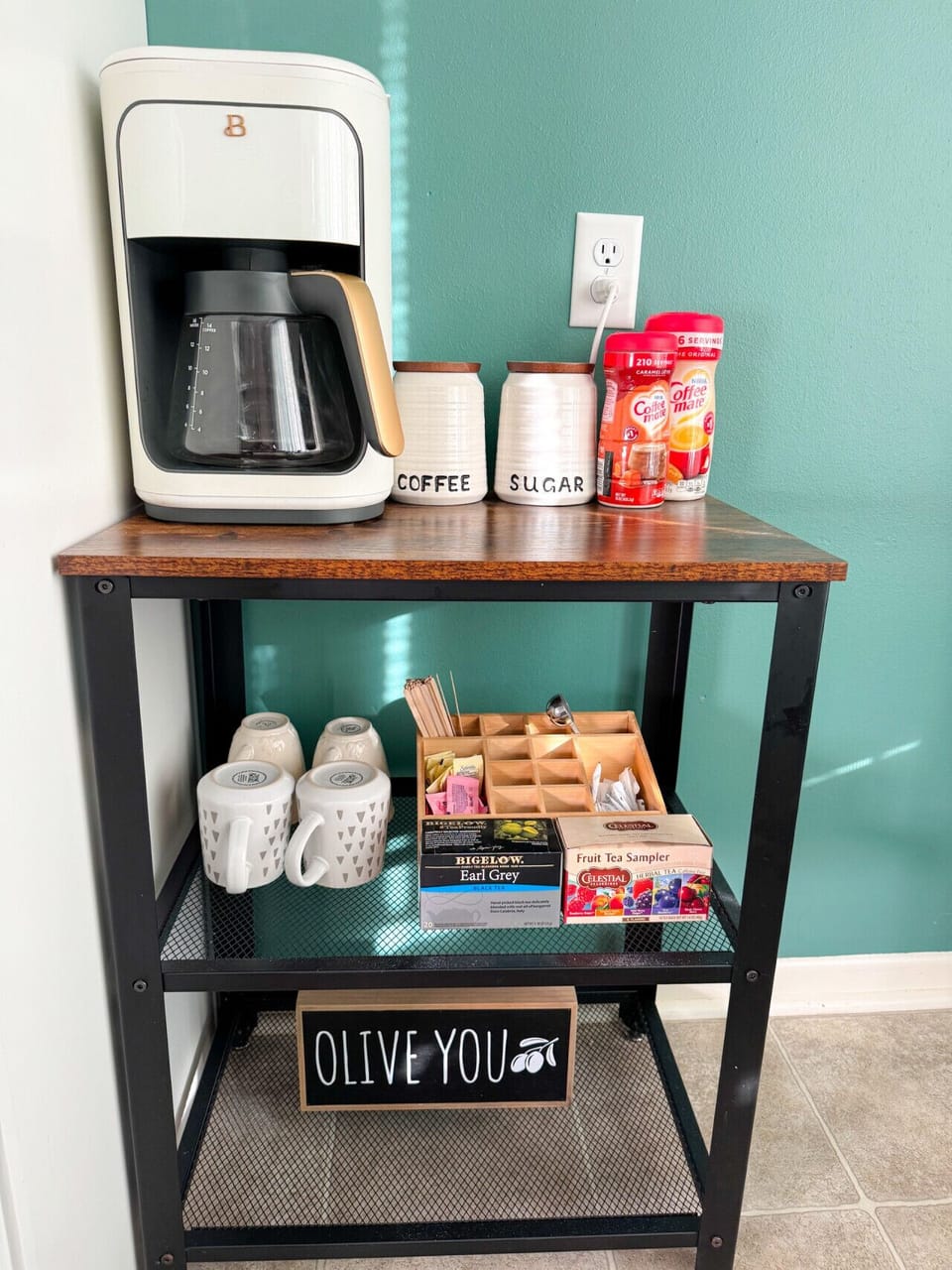 Coffee Bar stocked with ground, creamers, and sweeteners