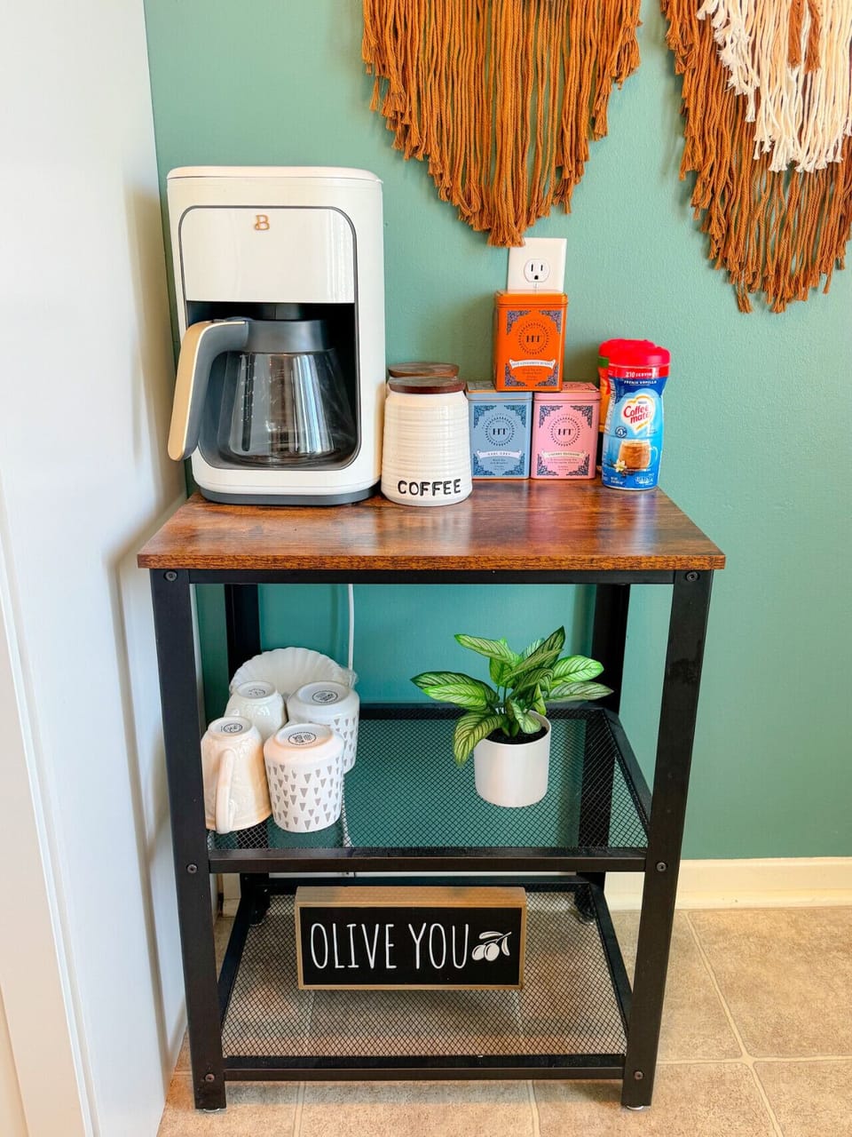 Coffee Bar stocked with ground, creamers, and sweeteners