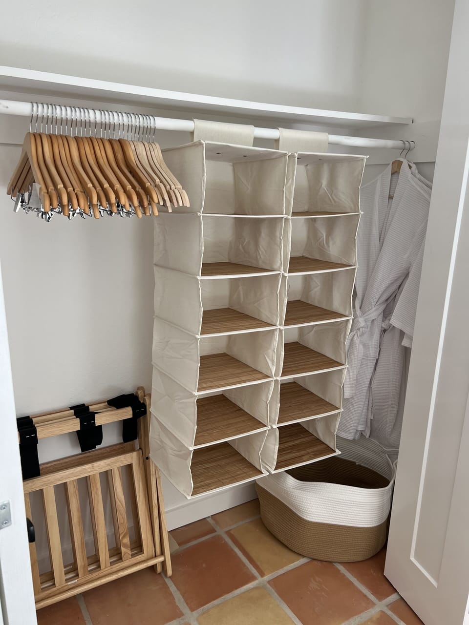 Bed 1 closet: luggage racks, plenty of hangers, hanging shelves, 2 robes.