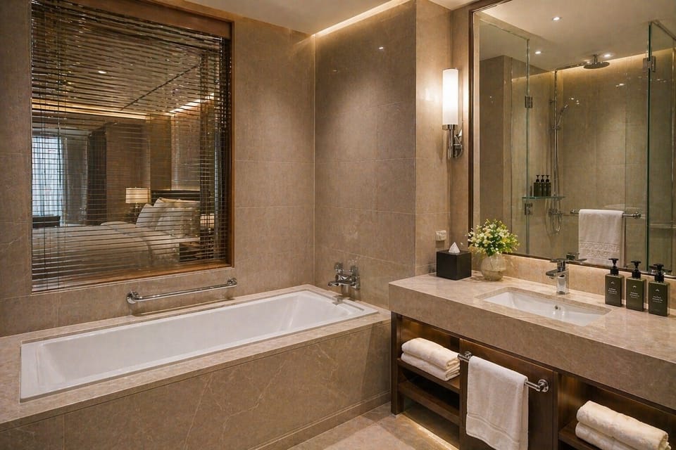 Superior Room, 1 Double Bed | Bathroom | Separate tub and shower, rainfall showerhead, hair dryer