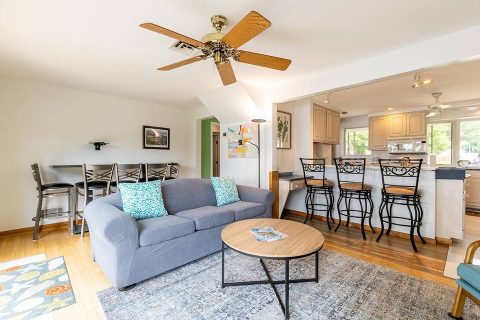 The sofa in the family room opens up to a full-size sleeper sofa (linens included).