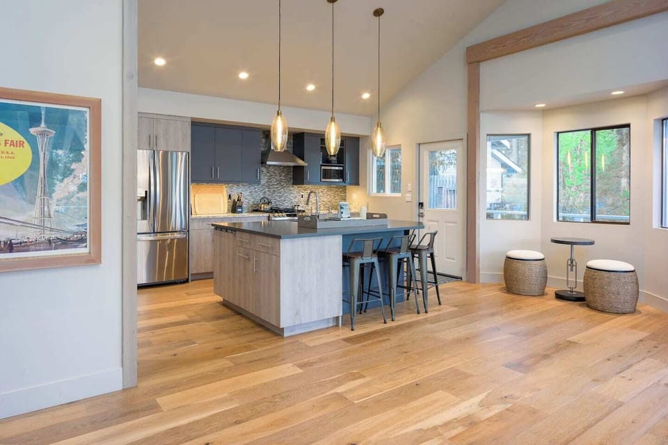 Large open kitchen, breakfast nook that opens to the dining area and views outside.