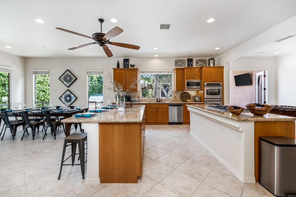 The double island kitchen makes cooking and entertaining easy.