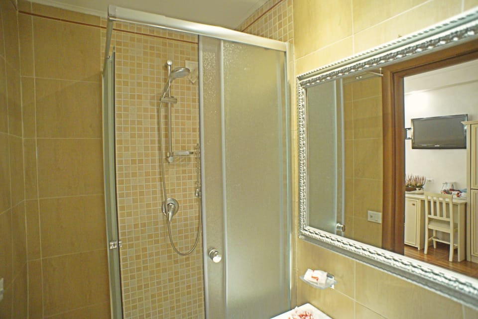 Shower, free toiletries, hair dryer, towels