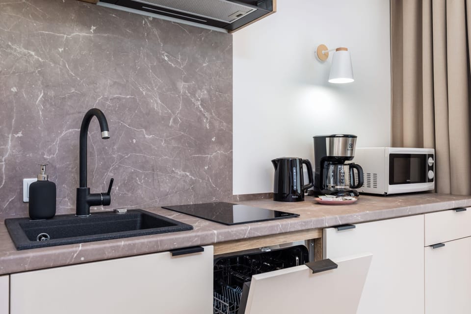 A small yet functional kitchen with dark accents, a built-in sink, and high-quality appliances.
