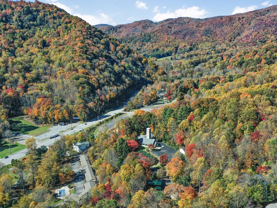 Aerial view of Soco Road driving towards Blue Ridge Parkway.