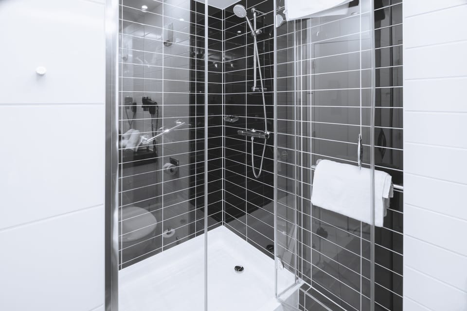 Shower, free toiletries, hair dryer, towels