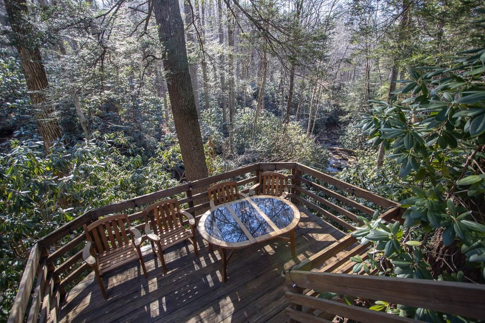 Table and Chairs on Lower Deck Above the Creek