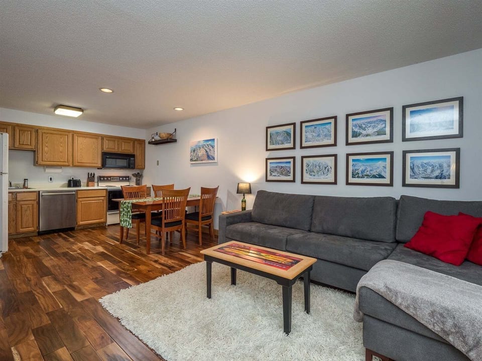 Living, dining, and kitchen area