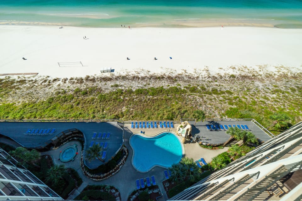 Views of the Tower 2 pool & hot tub from your balcony