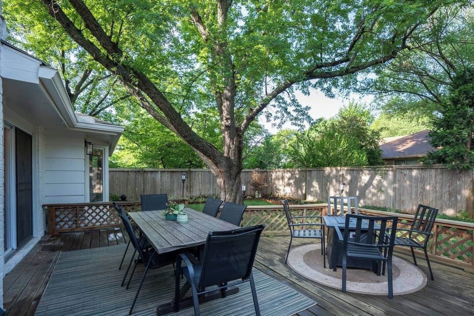 Enjoy the beautiful and shaded backyard space, with large deck complete with FIRE PIT, dining table and propane GRILL